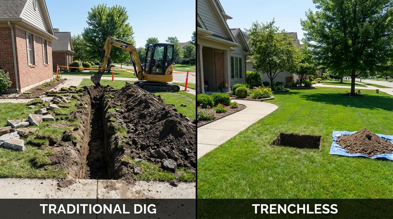 Trenchless sewer repair with minimal yard damage versus traditional excavation in Taylorsville, KY