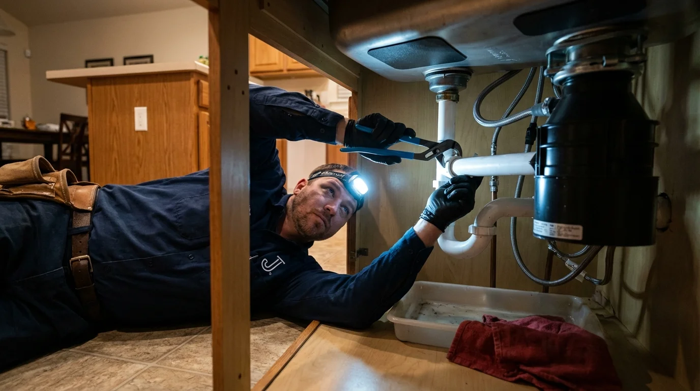 P-trap and supply line connections under a kitchen sink showing a common leak point in Taylorsville, KY